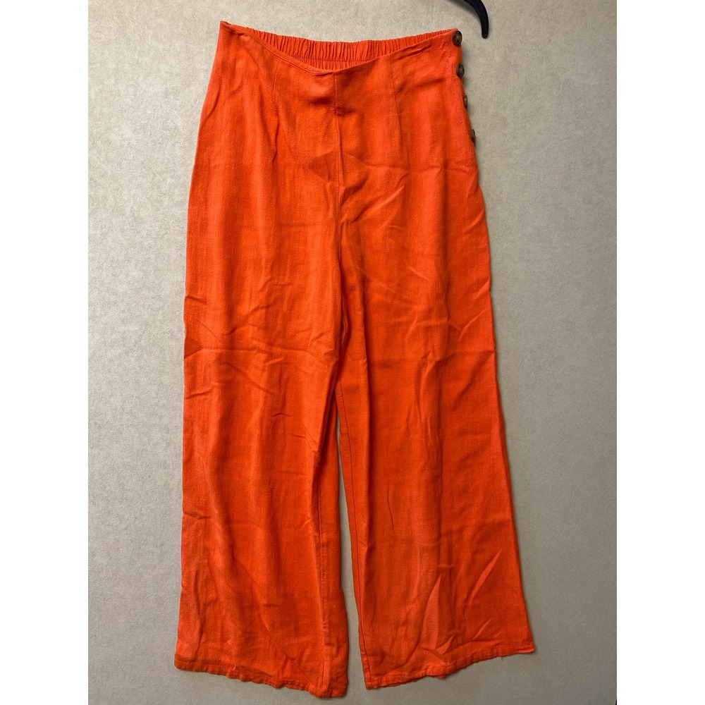 Sienna Sky Womens Orange Wide Leg Linen Blend Side Button Pants Large Boho